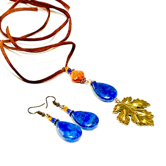 Bohemian LAPIS LAZULI Stone Earrings & Necklace w/ Sculpted Bronze Maple Leaf - Picture 9 of 14